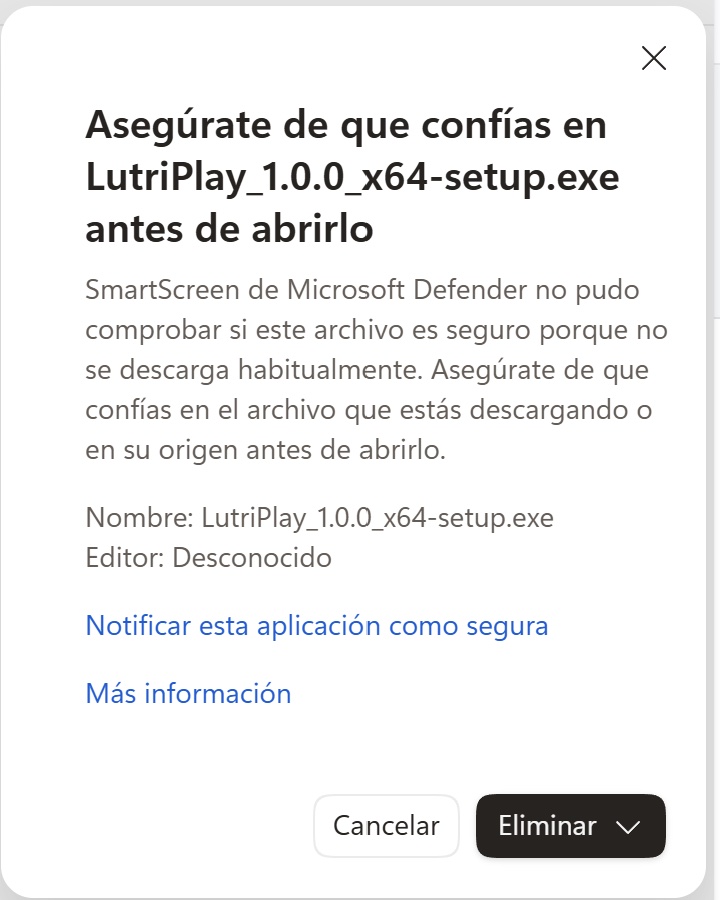 Panel de descargas de Windows con los botones Cancelar y Eliminar, y la flecha que despliega la opción Conservar.
