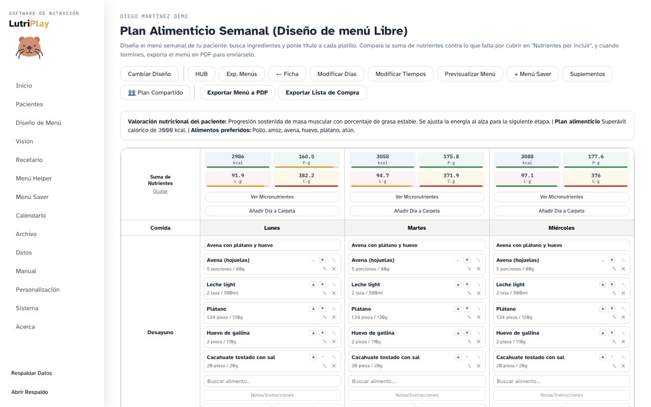 Plan alimenticio semanal de LutriPlay: cuadro con los días de la semana, los tiempos de comida y la suma de nutrientes.
